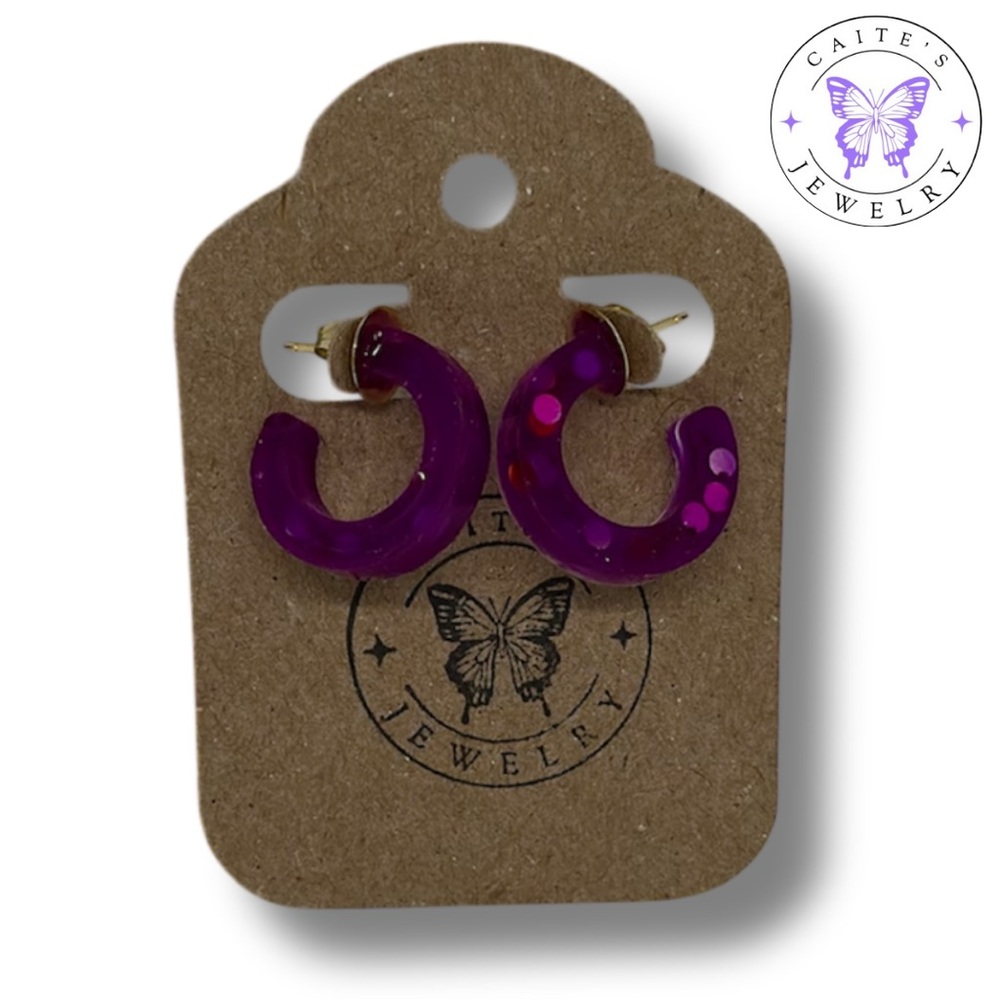 Handmade Gold Stud Hoop Earrings with Purple Glitter